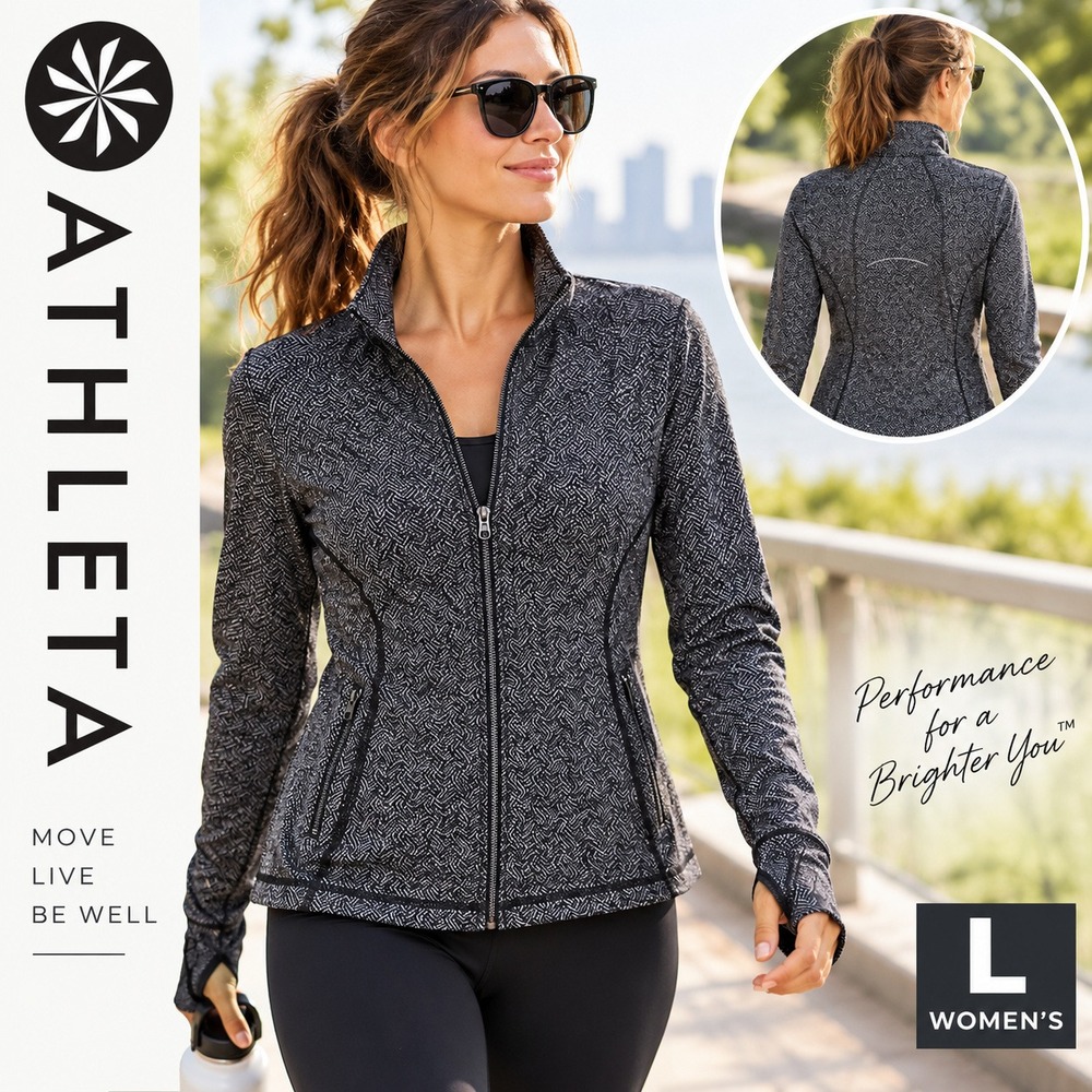 Athleta Swirl Hope Jacket 2 Womens L Black Gray Geometric Print Full Zip Running